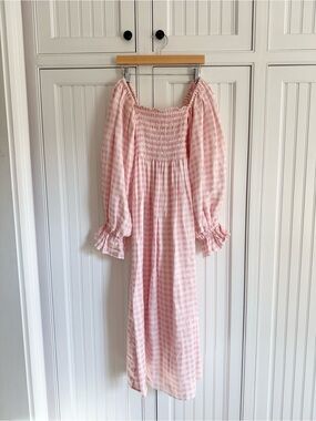 Sleeper Pink Gingham Smocked Puff Sleeve Dress